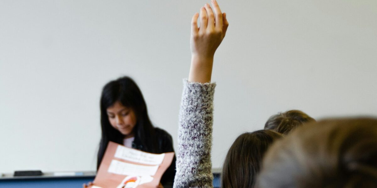 A student raises their hand during a presentation.