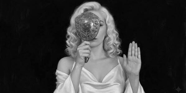 A woman in black and white covers her face with a handheld mirror.