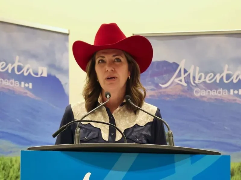 Alberta Premier Danielle Smith dressed for the rodeo.