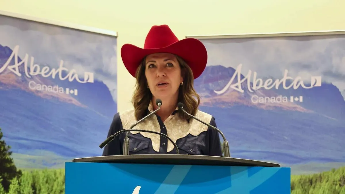 Alberta Premier Danielle Smith dressed for the rodeo.