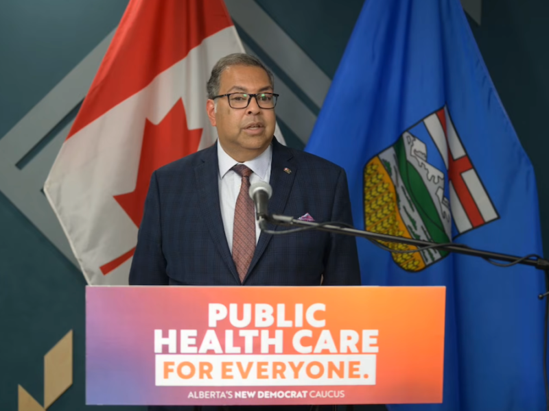 Alberta NDP Leader Naheed Nenshi during his news conference Friday, June 19 about the UCP’s ‘dual practice’ scheme for surgeons
