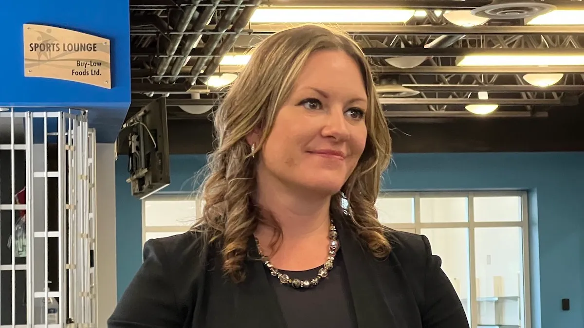 Former Calgary-Shaw MLA and UCP cabinet minister Rebecca Schulz campaiging in Athabasca during the party leadership race in August 2022.