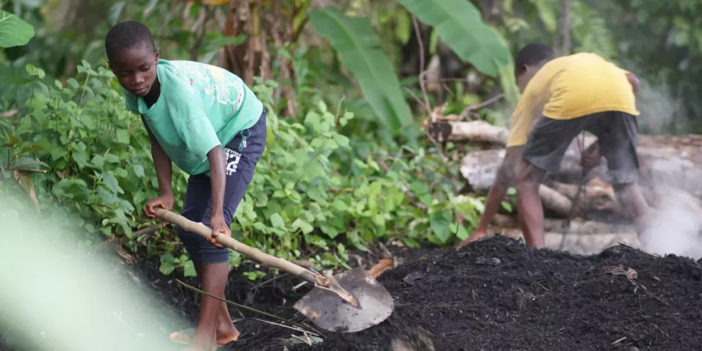 Children shovelling dirt in Sierra Leone.