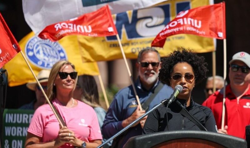 An image of Unifor members speaking at the Injured Workers Day rally on June 1.