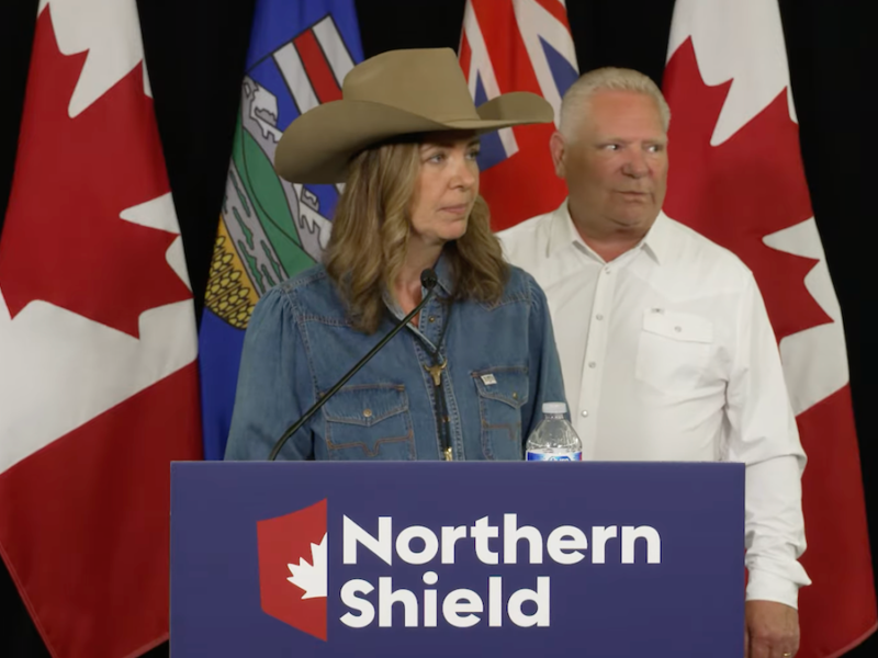 Alberta Premier Danielle Smith and Ontario Premier Doug Ford at their Calgary news conference.