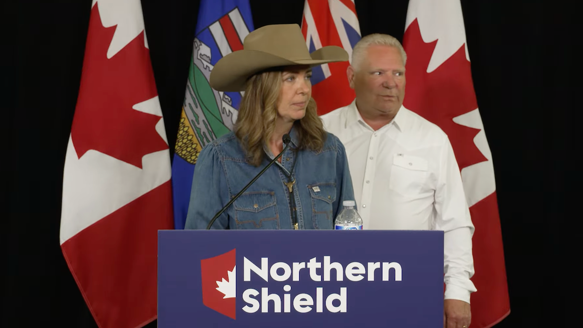 Alberta Premier Danielle Smith and Ontario Premier Doug Ford at their Calgary news conference.