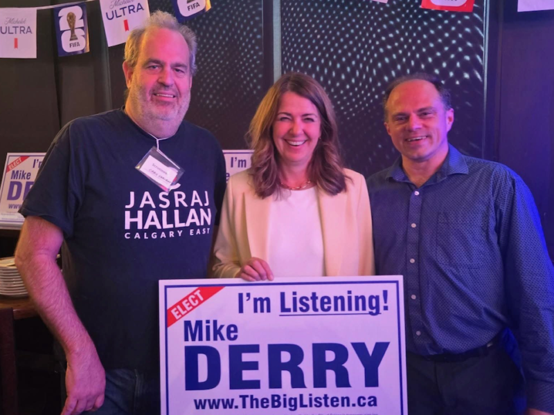 Successful UCP Calgary-Shaw nomination candidate Mike Derry, at right, with Premier Danielle Smith and his campaign manager, Craig Chandler.