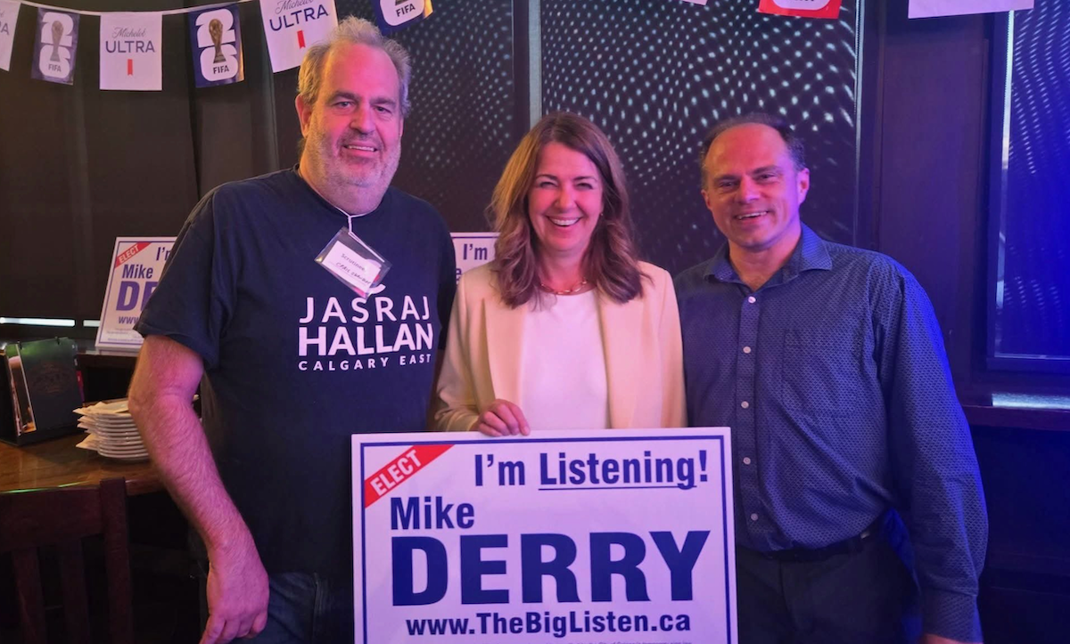 Successful UCP Calgary-Shaw nomination candidate Mike Derry, at right, with Premier Danielle Smith and his campaign manager, Craig Chandler.