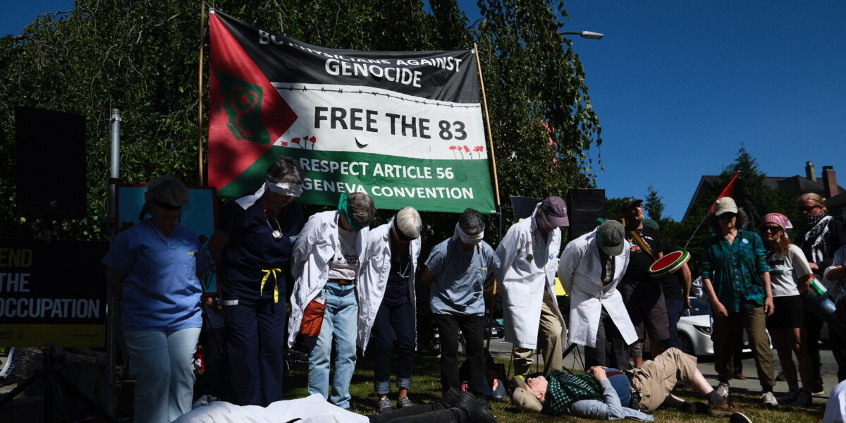 BC Physicians Against Genocide held a die-in protest and called for the release of Dr. Hussam Abu Safiya.