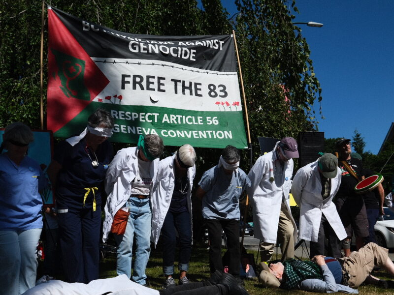 BC Physicians Against Genocide held a die-in protest and called for the release of Dr. Hussam Abu Safiya.