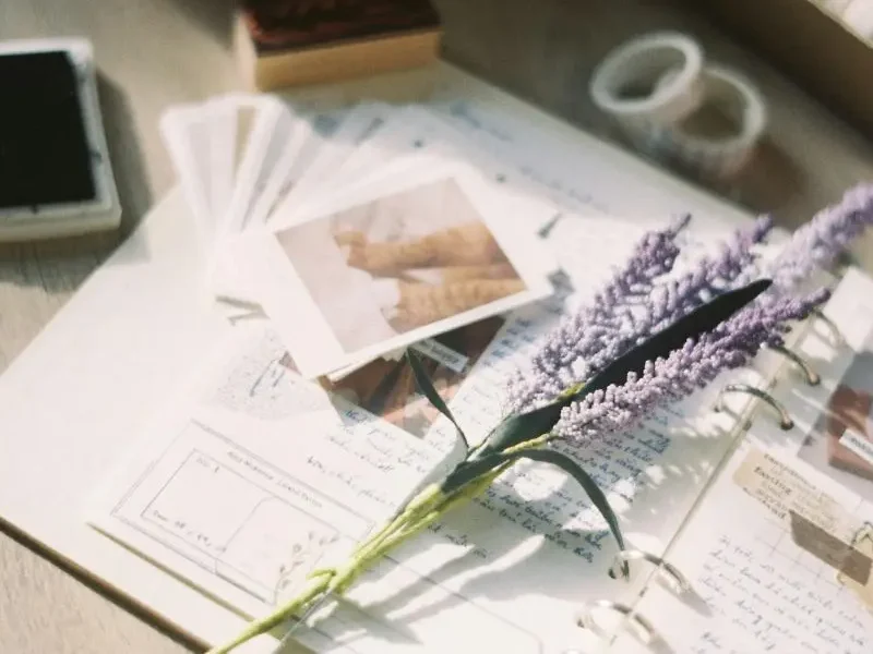 Some lavender, polaroids and stamps scattered over the open page of a journal. Junk journaling gives people somewhere to put all their sentimental mementos.