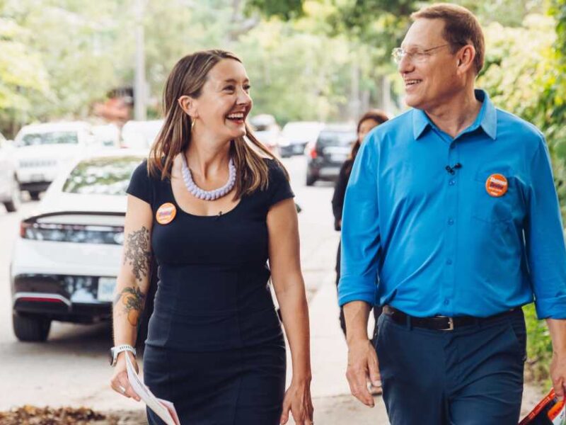 Shannon Devine campaigning in Beaches-East York with NDP leader Avi Lewis.