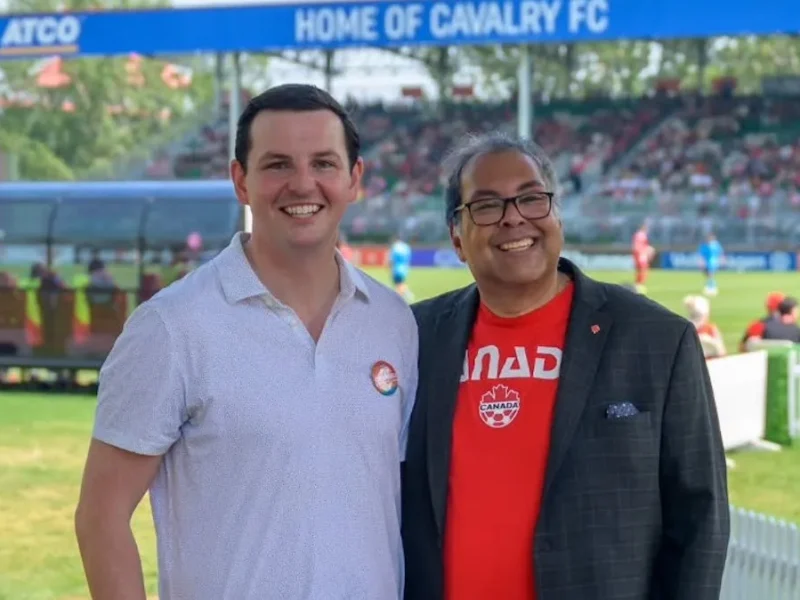 Kyle Campbell, the NDP’s candidate in the Calgary-Shaw by-election, with Opposition Leader Naheed Nenshi.
