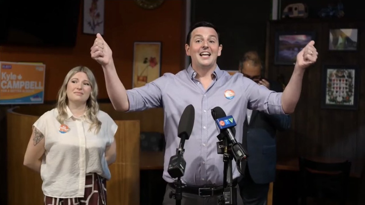 Newly-elected Alberta NDP MLA Kyle Campbell with wife Sarah celebrating his victory in the Calgary-Shaw by-election on Monday, September 14, 2026.