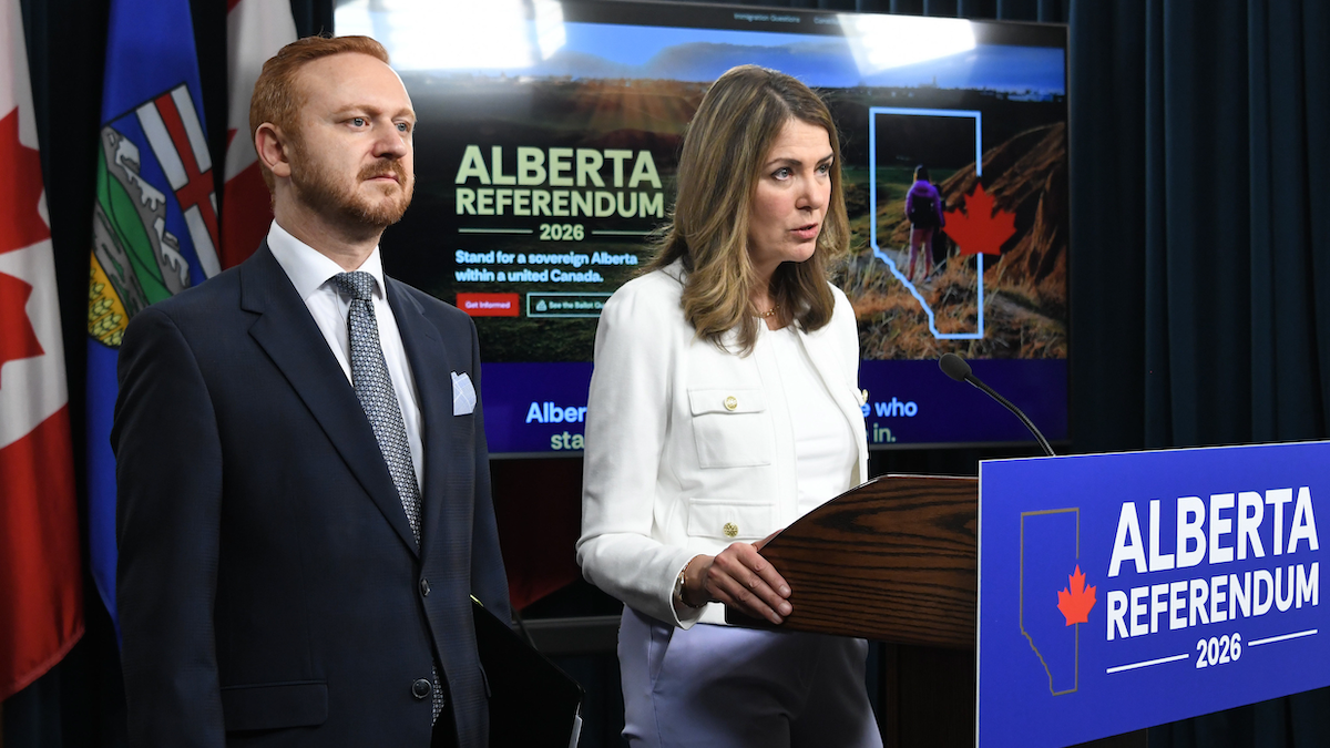 Alberta Premier Danielle Smith and her justice minister., Mickey Amery, touting the UCP’s referendum propaganda back on April 23.