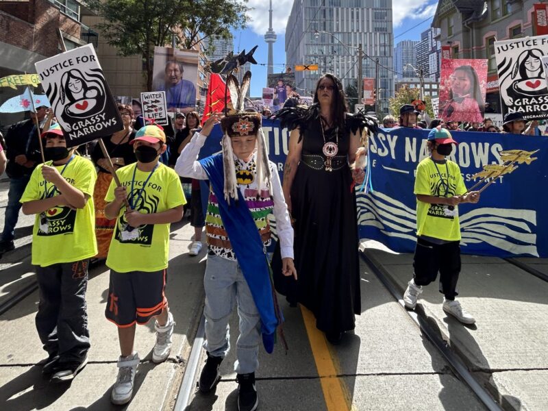 Thousands of protesters take part in the annual Grassy Narrows River Run in Toronto on Wednesday, September 23, 2026.