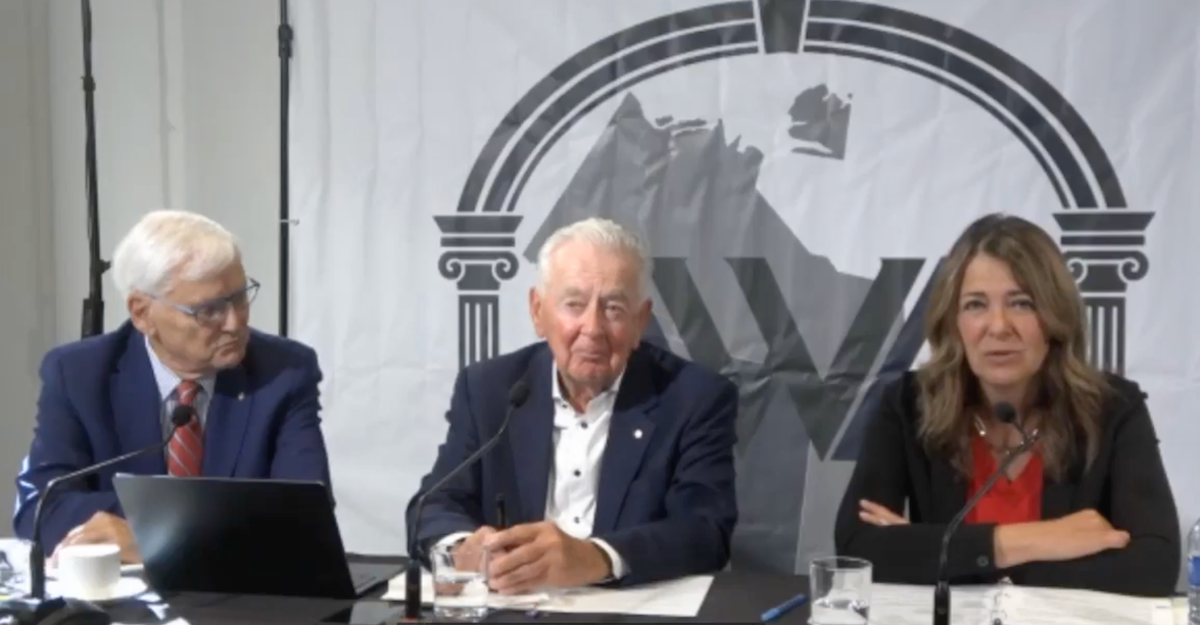 Pictured from left-to-right are Gordon Campbell, Preston Manning and Alberta Premier Danielle Smith at the Alberta and the West Assembly.