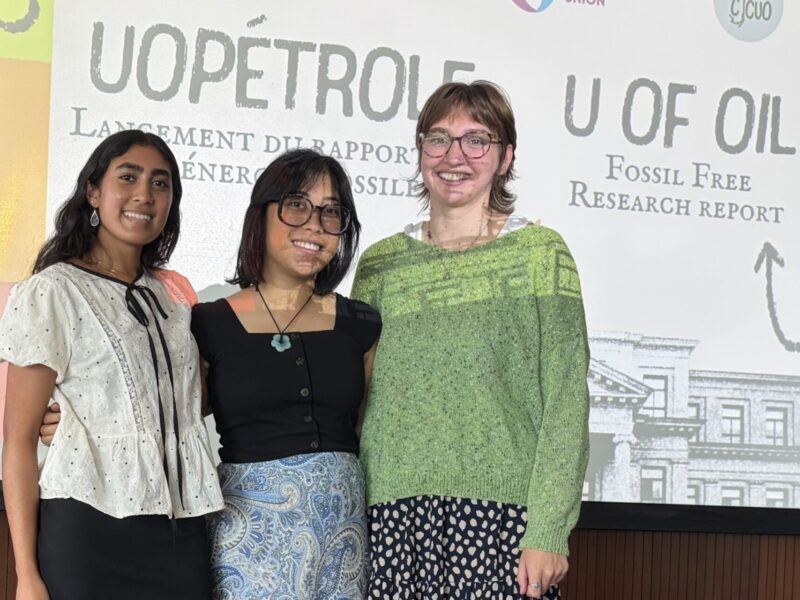 Norah Bello, Sophia Arellano and Grace Jeffries (left-to-right) stand on stage at the U of Oil report launch.